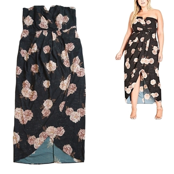 City Chic NWT Antique Rose Strapless Maxi Dress Tulip Hem Elegant Romantic - Picture 1 of 11